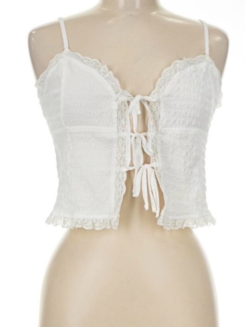 White Lace-Trim Tie-Front Crop Cami